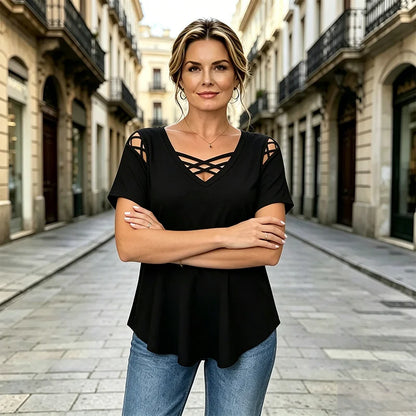 👚 Koszulka z 100% bawełny z dekoltem w kształcie litery V, krzyżowym fasonem i wycinankami, modna i oddychająca