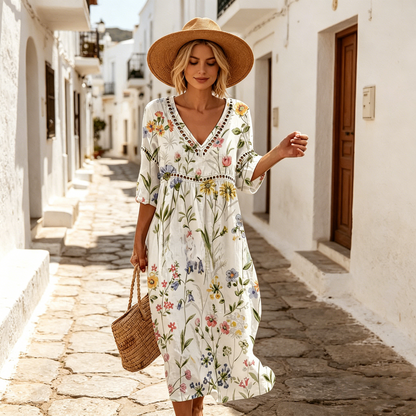 👗【S-3XL】Długa sukienka z bawełny i lnu z kwiatowym nadrukiem, letni styl, dekolt w serek, wyraźna talia, luźna i przewiewna, ukrywa niedoskonałości i stylizuje sylwetkę.