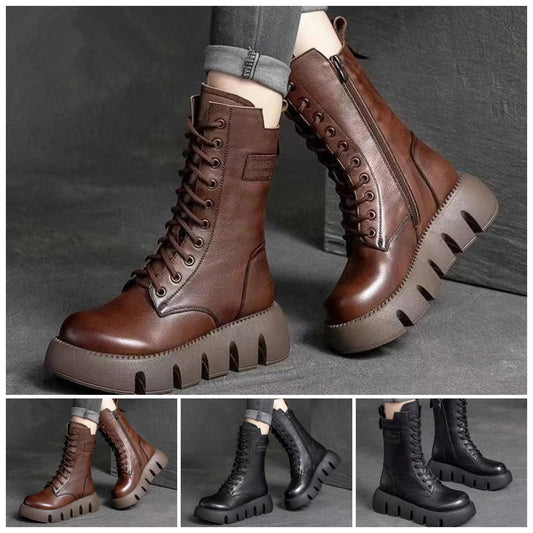 Limitovaná nabídka 50% sleva 🔥👢【35-40】Vysoce kvalitní ručně vyráběné dámské měkké kožené kozačky s tlustou podrážkou, podzim–zima nová kolekce