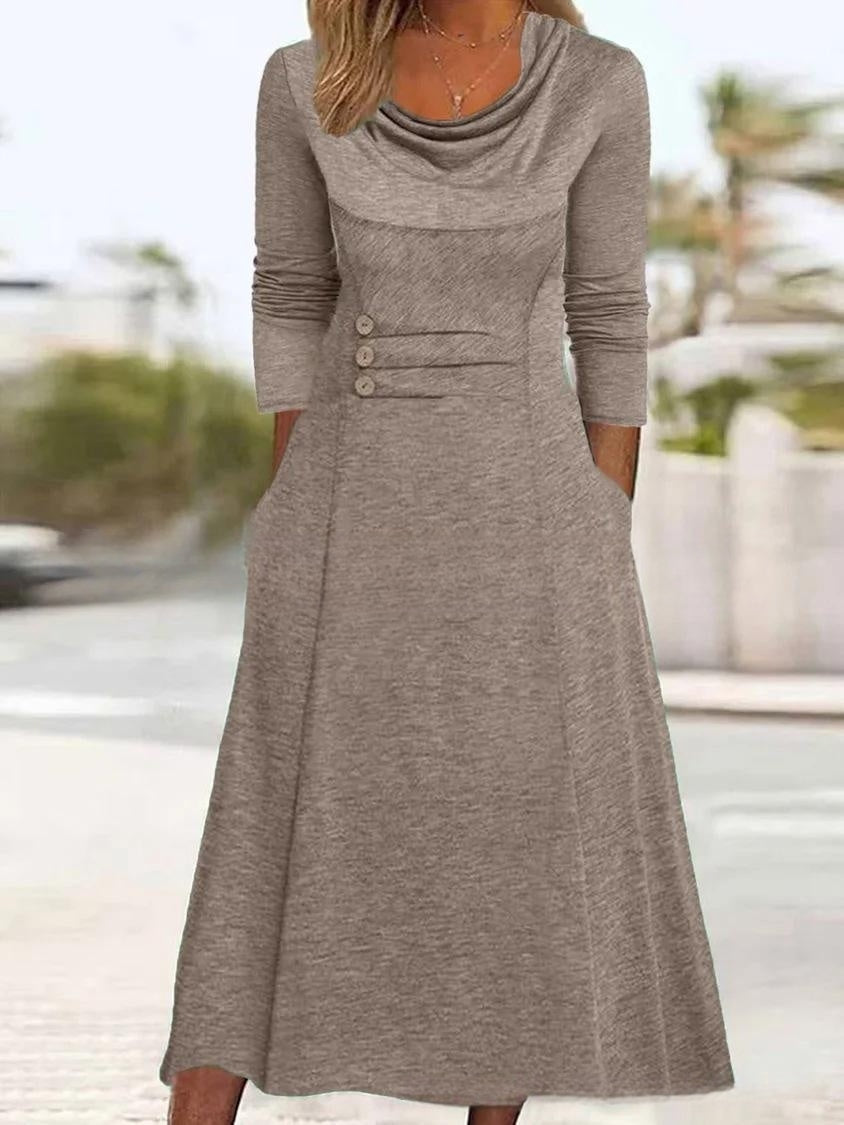 【S-3XL】2024 nowa jesienna sukienka w jednolitym kolorze z okrągłym dekoltem i kieszenią w talii zapinaną na guziki-3768514