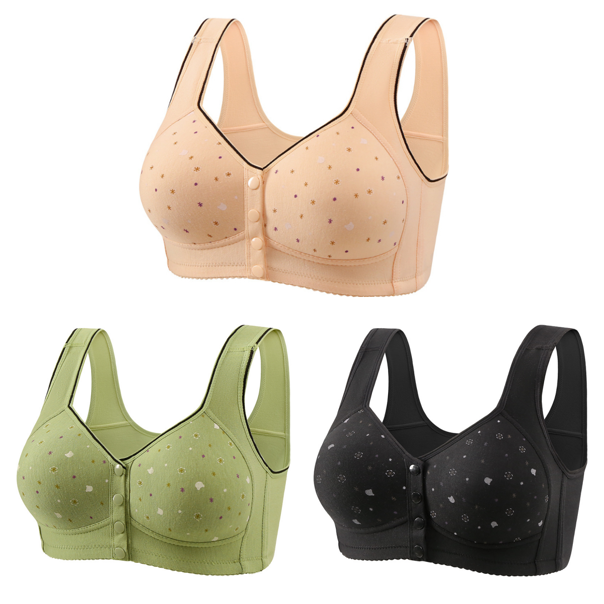 😍【Paket 3 kosov】Ženski brezžični modrček z gumbom spredaj 【40-120kg】❤️Bumbac naravni antibakterijski udoben udoben