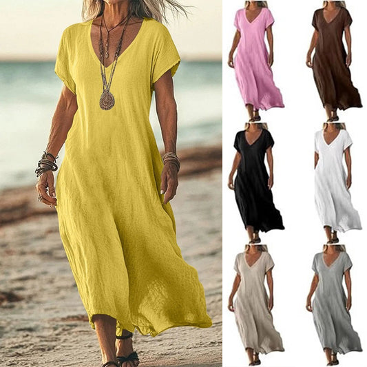 👗🎁💖【S-5XL】Ženska haljina od pamuka i lana s puf rukavima i gumbima