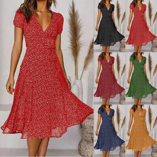 💖💃【50% zniżki 🔥】【S–3XL】Letnia damska sukienka w dużych rozmiarach z dekoltem w serek i krótkim rękawem, w kwiatowe kropki