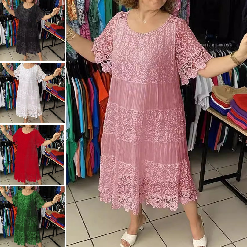 ❤️[S-5XL] Nowa koronkowa sukienka z okrągłym dekoltem i krótkim rękawem 3642409