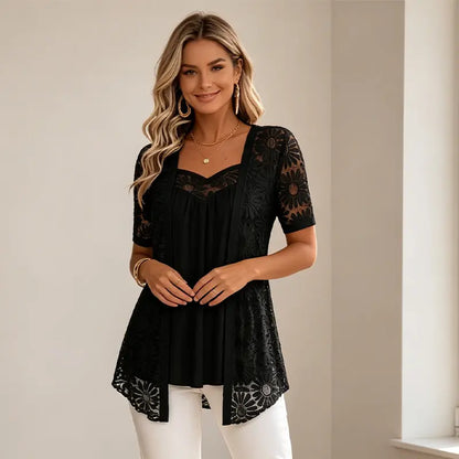 👚 Elegantný sieťový top 2 v 1 s čipkou – modelujúci a štíhliaci brucho, dostupný v 5 farbách, veľkosti S–4XL! 🌸✨