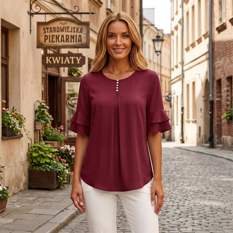 👕【S-3XL】Elegancka bluzka z szyfonu z falbanami na rękawach dla kobiet | Codzienna koszula biurowa z ozdobnymi guzikami, luźny i przewiewny krój