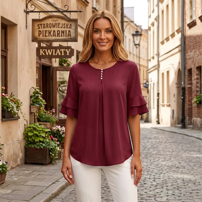 👕【S-3XL】Elegancka bluzka z szyfonu z falbanami na rękawach dla kobiet | Codzienna koszula biurowa z ozdobnymi guzikami, luźny i przewiewny krój