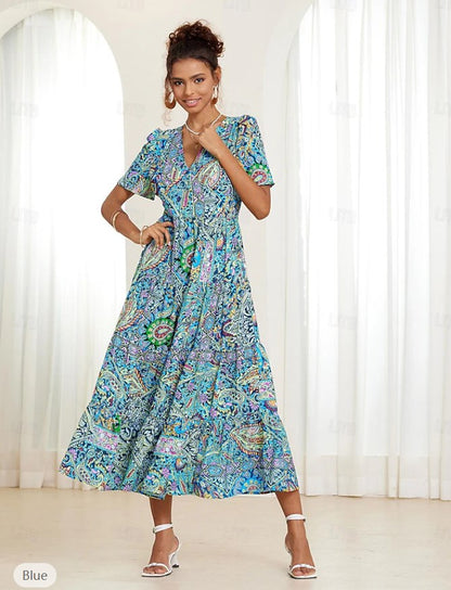 🌈【S-5XL】【Gorąca wyprzedaż】👗2024 Nowa seksowna sukienka z dekoltem w szpic i eleganckim nadrukiem--3695535