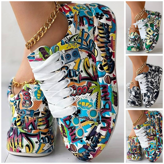 【Promocja -50%】Damskie niskie trampki na platformie z graffiti, sznurowane, casualowe