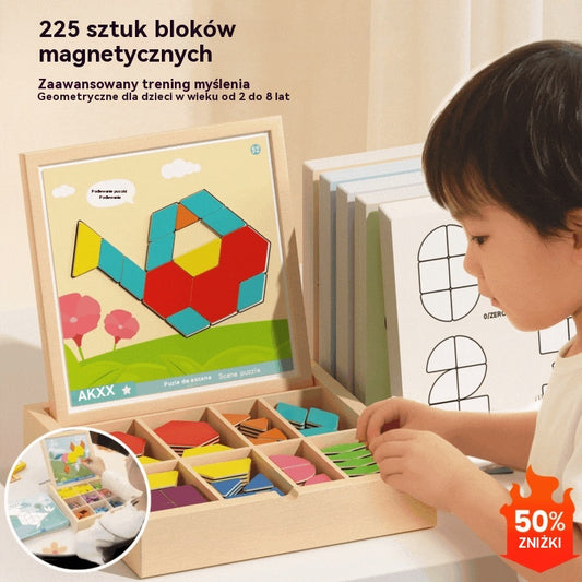 👶🌈🧩【128 elementów】🔥Magnetyczna drewniana układanka tangram, zabawka edukacyjna dla dzieci, pobudzająca myślenie