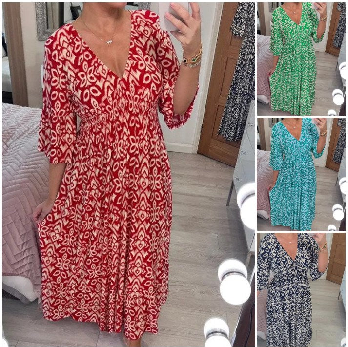 【S-5XL】Letnia sukienka Bohemian ze średnimi rękawami, dekoltem V, talią