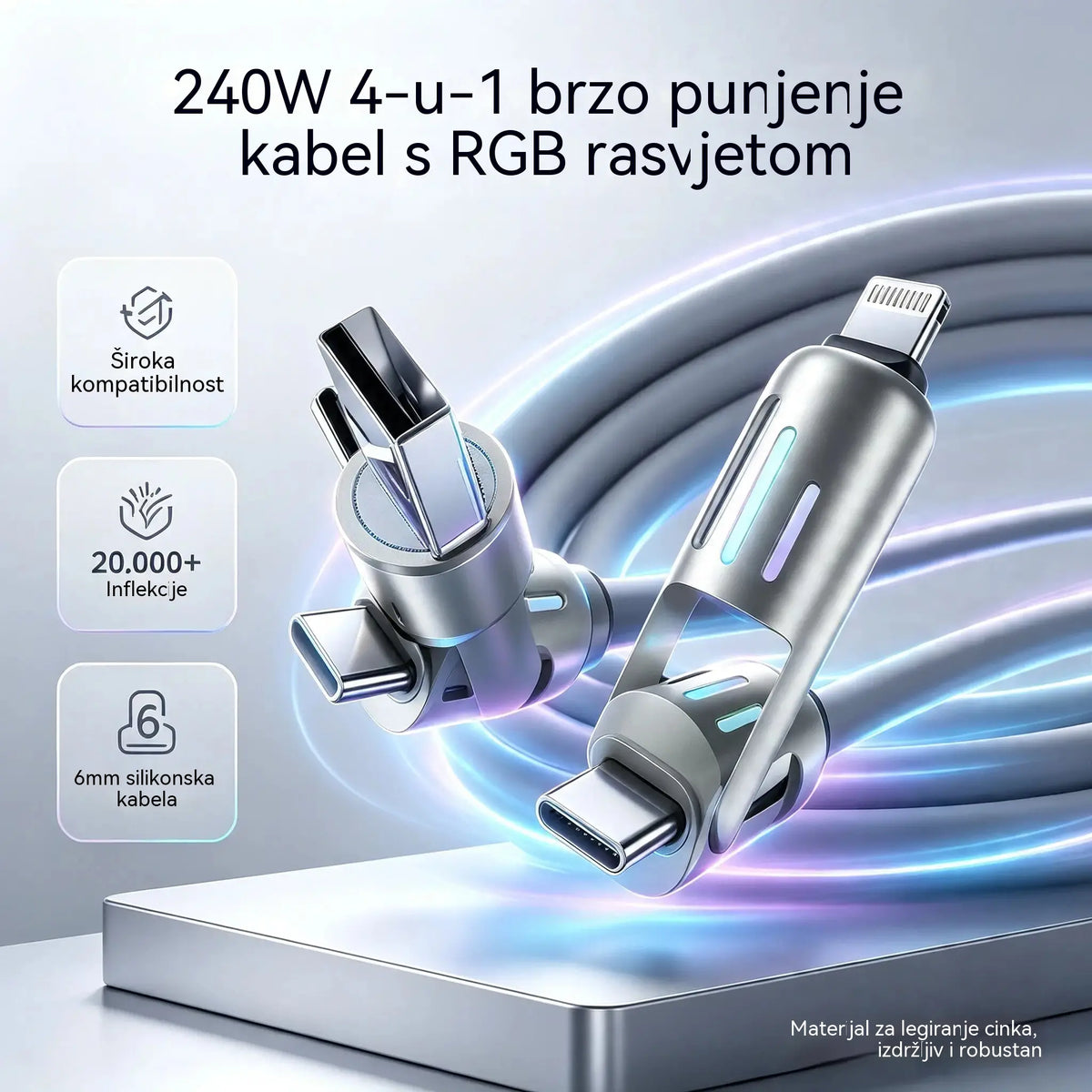 🔥 (duljine 2 metra) 4-u-1 PD 240W kabel – USB-C, Lightning i USB-A brzo punjenje, aluminij i silikon, sinkronizacija podataka ⚡📱