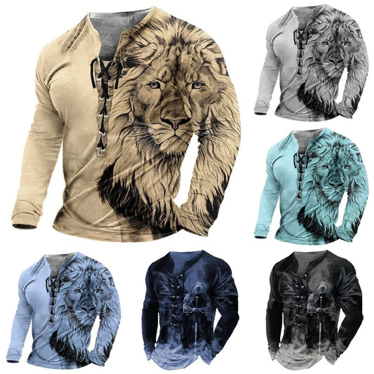 💖✨👔【S-4XL】Męska koszulka z nadrukiem 3D z motywem lwa, z długim rękawem, casualowa
