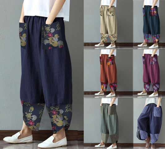 🔥👖【S-4XL】💖2025 nowe bawełniane i lniane spodnie z nadrukiem, szerokie nogawki, proste spodnie, wzory z nadrukiem, modne i trendy
