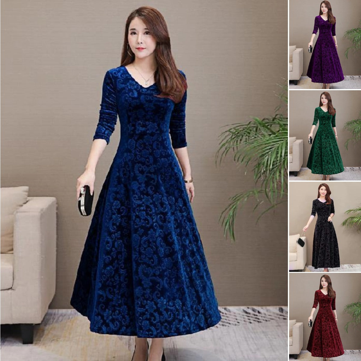 🔥✨️【M-4XL】Jesień Zima Nowy styl Moda Plus Rozmiar Elegancka złota aksamitna ciepła sukienka z długim rękawem 3804753