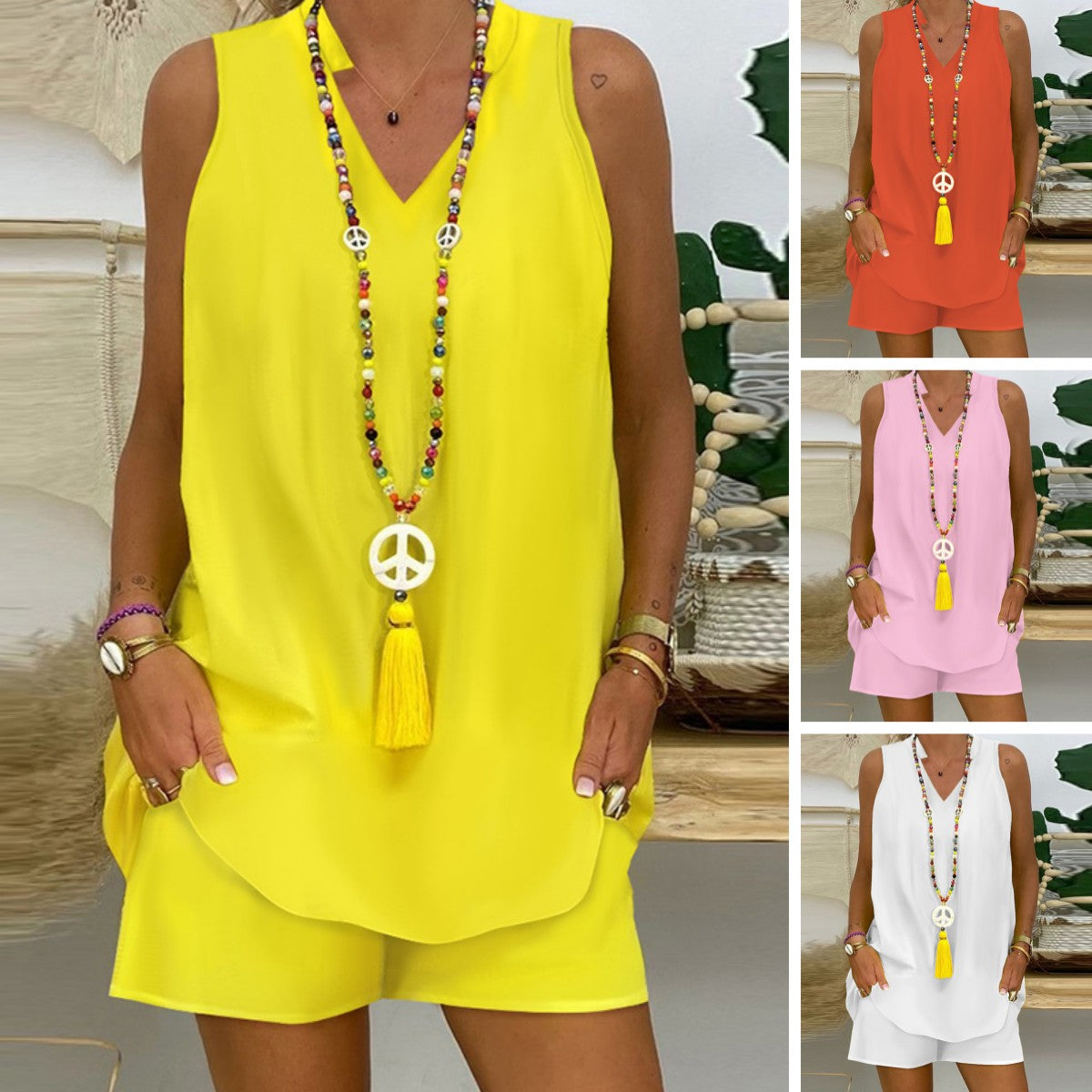 【S-XXL】Nowy garnitur bez rękawów i kołnierzyka w jednolitym kolorze--3695086