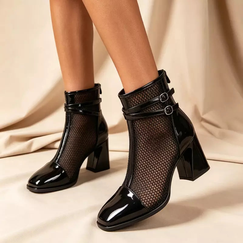 👢✨Eleganckie krótkie botki w stylu francuskim z delikatną siateczką i lakierowanym wykończeniem