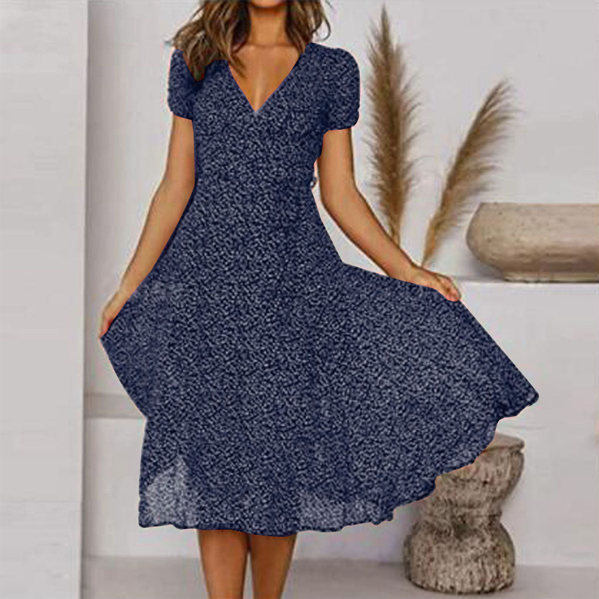 💖💃【50% zniżki 🔥】【S–3XL】Letnia damska sukienka w dużych rozmiarach z dekoltem w serek i krótkim rękawem, w kwiatowe kropki