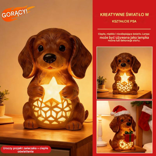 🎄🐶💡Oferta ograniczona czasowo🔥Świąteczne figurki psów, ozdoby w kształcie czapek Mikołaja, świecące pudełka na prezenty, prezenty świąteczne z żywicy