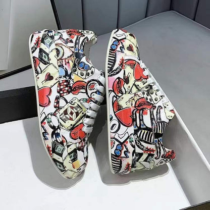 【Promocja -50%】Damskie niskie trampki na platformie z graffiti, sznurowane, casualowe