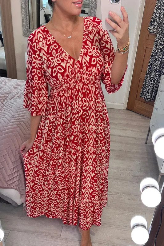 【S-5XL】Letnia sukienka Bohemian ze średnimi rękawami, dekoltem V, talią