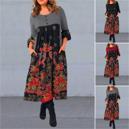 【S-5XL】👗 nowa, jesienna i zimowa sukienka na co dzień z długimi rękawami i nadrukiem w stylu retro-3863489