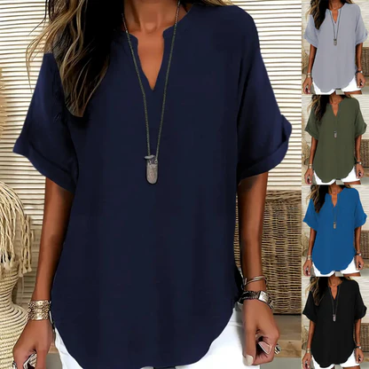😍🔥【Nowość z 50% zniżką tylko przez 3 dni】【Rozmiary S-5XL】Elegancki jednokolorowy letni top z szyfonu z krótkim rękawem, duże rozmiary