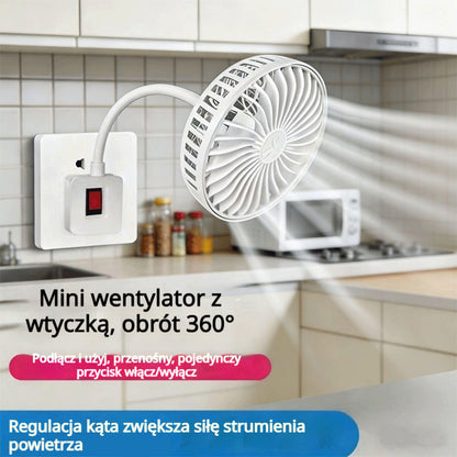 🔌💨 Mini wentylator obrotowy 360° do gniazdka – mocne chłodzenie do kuchni, łazienki, sypialni i biura