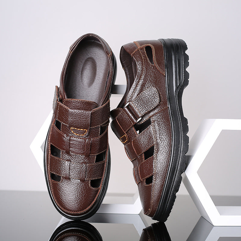 👞【38-48】2025 Letnie męskie skórzane oddychające, puste, antypoślizgowe, codzienne sandały