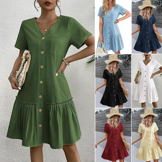 👗🍀Luźna letnia sukienka z bawełny i lnu, marszczony dół, codzienna sukienka z krótkim rękawem 3710199