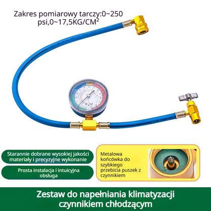 🔧❄️ Wąż do napełniania czynnikiem chłodniczym AC R134a z manometrem – szczelny, łatwy do odczytu, kompatybilny z samochodami, ciężarówkami i domową klimatyzacją – bezpieczne samodzielne napełnianie 🚗