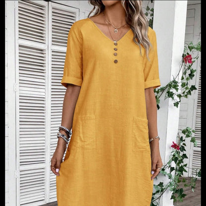 👗🌹Posebna ponuda zadnjeg dana🎁✨【S-2XL】Ženska haljina od pamuka i lana s puf rukavima i gumbima