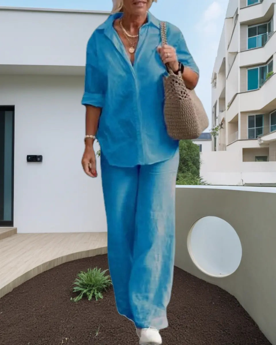 🔥🎉【Top + Pantalones】【S-5XL】Nuevo conjunto de moda, camisa de color liso para mujer + pantalones casuales