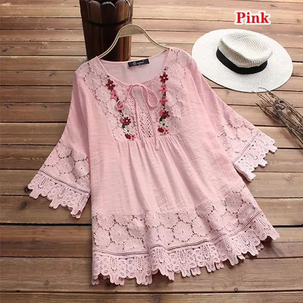 ❤️🔥🌸【S-5XL】Damska luźna koszula z koronką, dekoltem w serek, w jednolitym kolorze 3918266