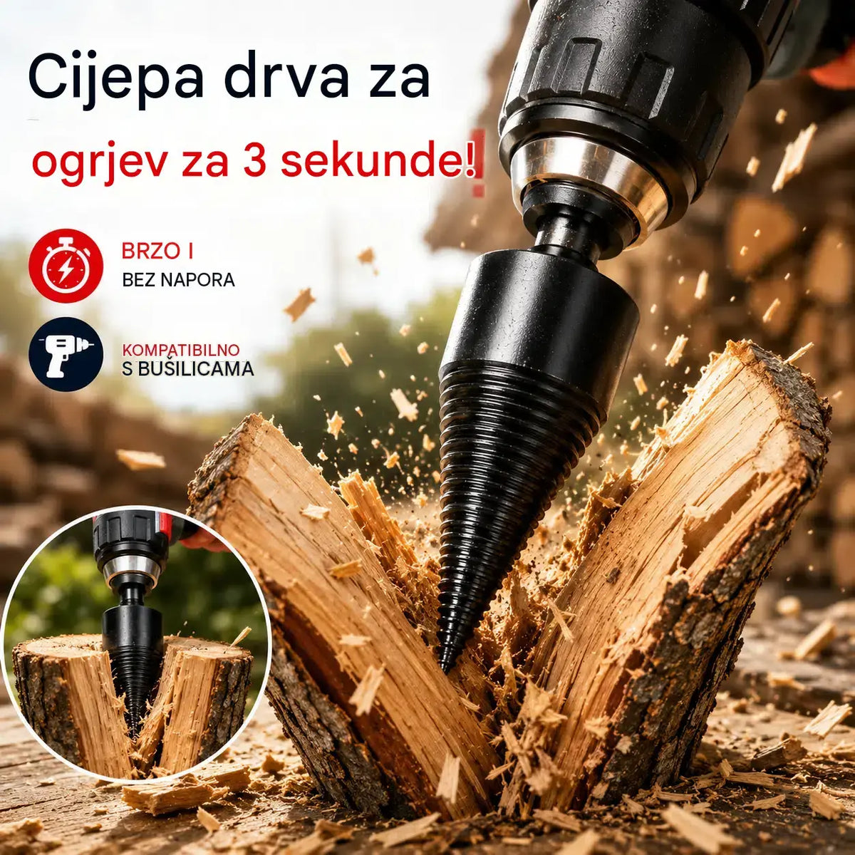 【Kupi 1, dobiješ 1 gratis】【Svrdlo za cijepanje drva promjera 50 mm + 3 adaptera različitih dimenzija】 Električno svrdlo za cijepanje drva od ojačanog čelika, čvrsto i izdržljivo, štedi snagu i povećava učinkovitost