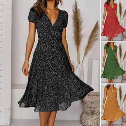 💖💃【50% zniżki 🔥】【S–3XL】Letnia damska sukienka w dużych rozmiarach z dekoltem w serek i krótkim rękawem, w kwiatowe kropki