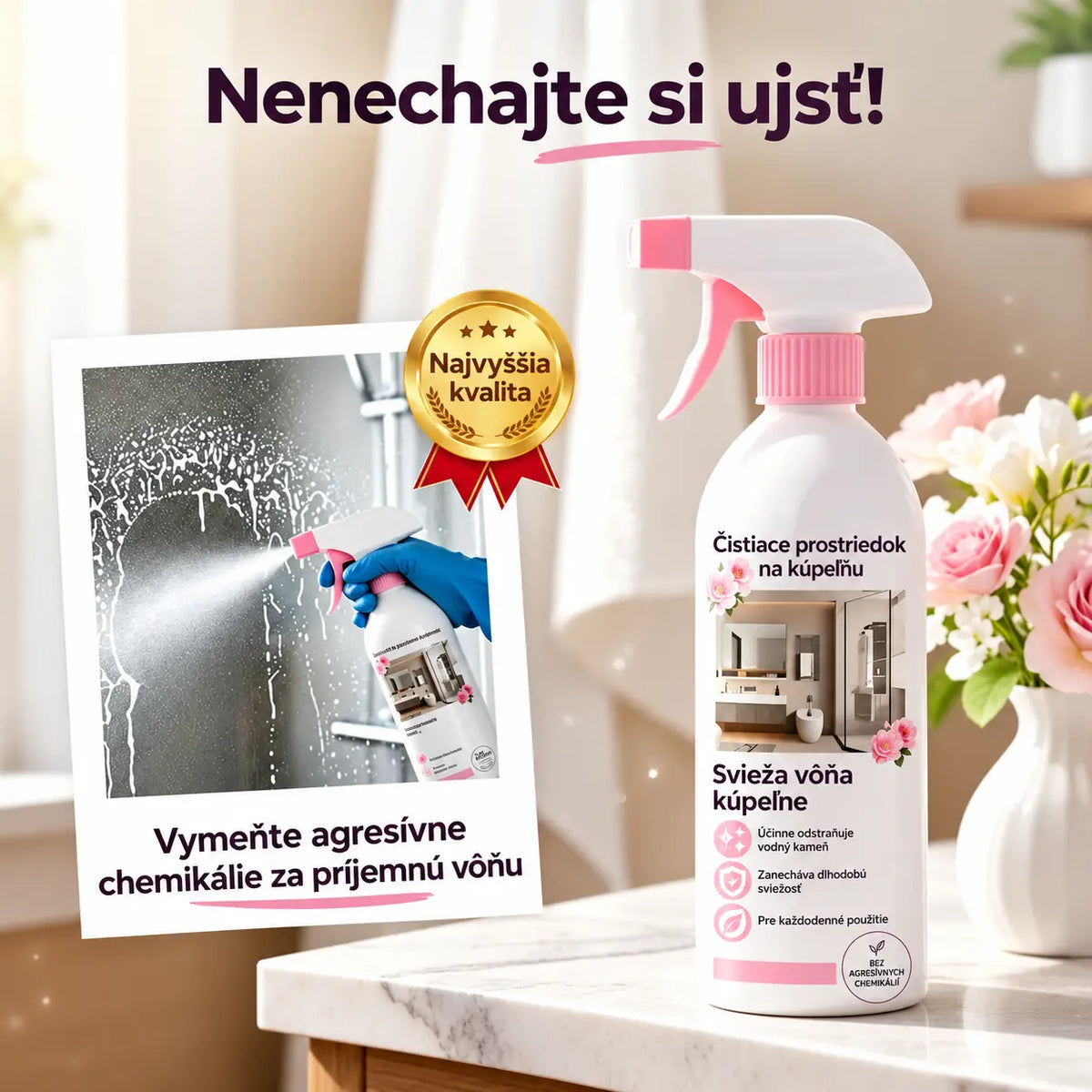 🚿✨ Zľava 50 %! Viacúčelový čistiaci sprej do kúpeľne – rýchlo rozpúšťa vodný kameň a zvyšky mydla. 🧼💨