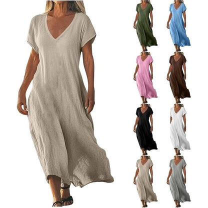 👗🎁💖【S-5XL】Ženska haljina od pamuka i lana s puf rukavima i gumbima