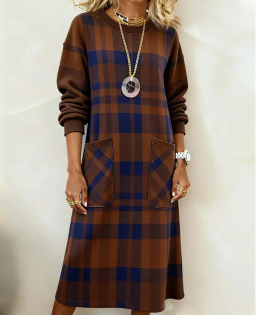 【S-3XL】Sukienka damska w kratę z długim rękawem na jesień i zimę