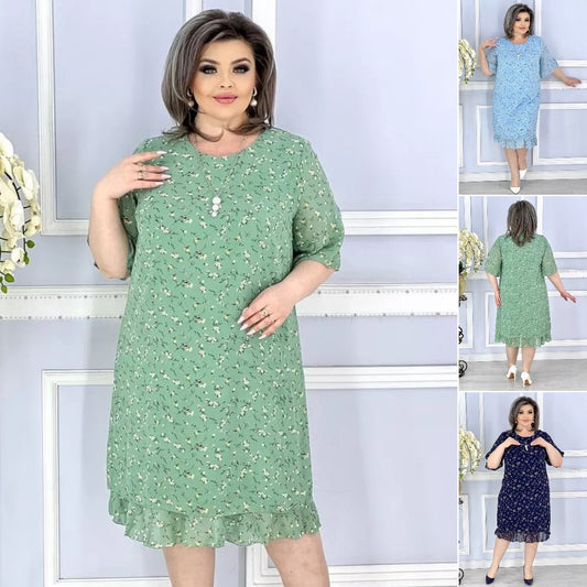 💟【S-5XL】👗2024 nowa elegancka sukienka z szyfonu w kwiaty--3655035
