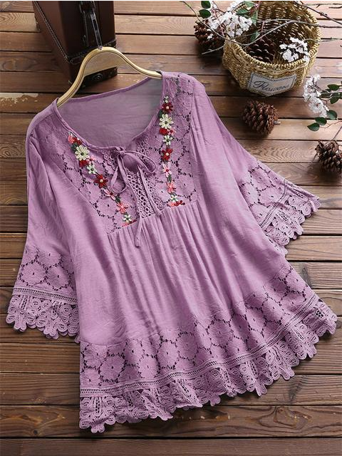 ❤️🔥🌸【S-5XL】Damska luźna koszula z koronką, dekoltem w serek, w jednolitym kolorze 3918266