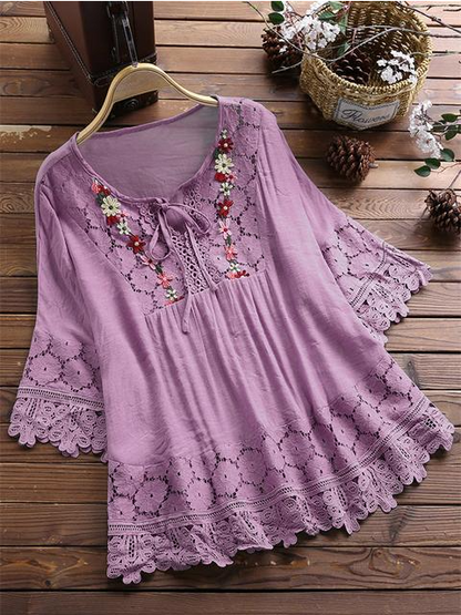 ❤️🔥🌸【S-5XL】Damska luźna koszula z koronką, dekoltem w serek, w jednolitym kolorze 3918266