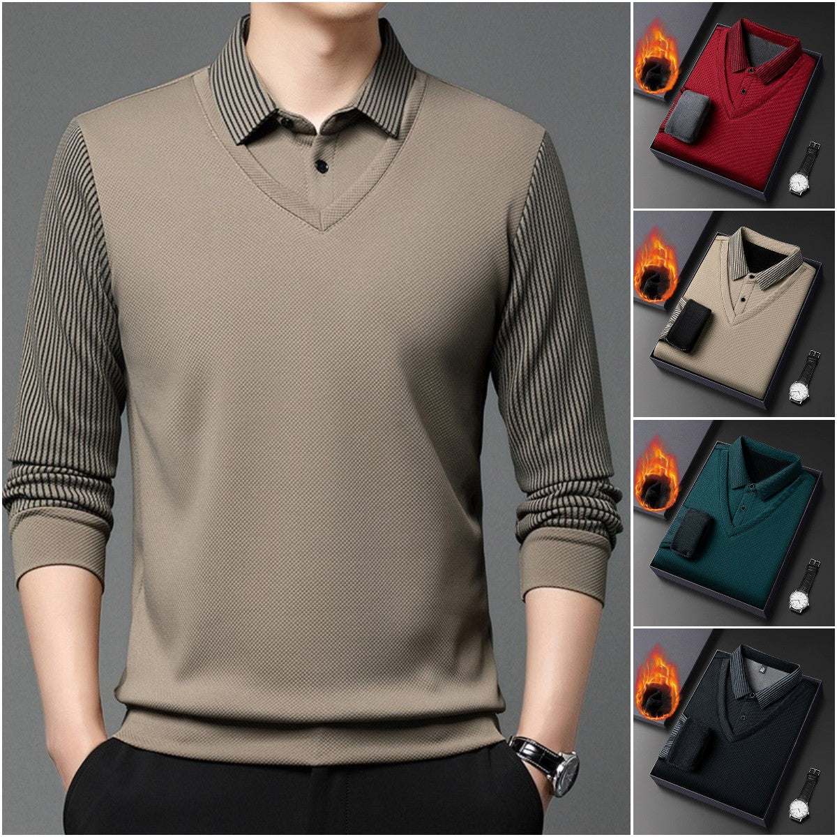 【⚡Obniżka 120 zł】【M-4XL】Dwukolorowa koszulka POLO z paskami i efektem fałszywej warstwy