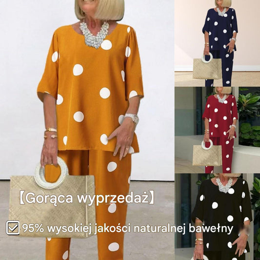50% zniżki 💥💖【S-5XL】👕👖2025 nowy biały garnitur damski z nadrukiem w groszki, wykonany z bawełny i lnu, wygodny i swobodny [T-shirt + spodnie]