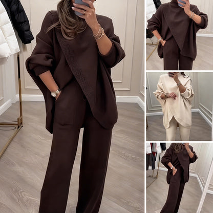 🔥 49% popusta! Novo! Ženski dvodijelni set - asimetrični džemper + hlače širokih nogavica, široki kroj, mekana tkanina, super udobne👚 Besplatna dostava✨