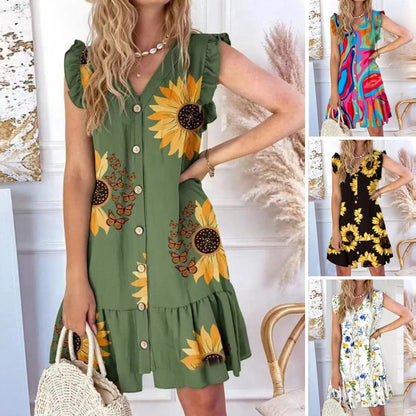 💛🧡💚【S-2XL】2025 Nowa luźna sukienka z nadrukiem z dekoltem w serek i bawełny Tencel