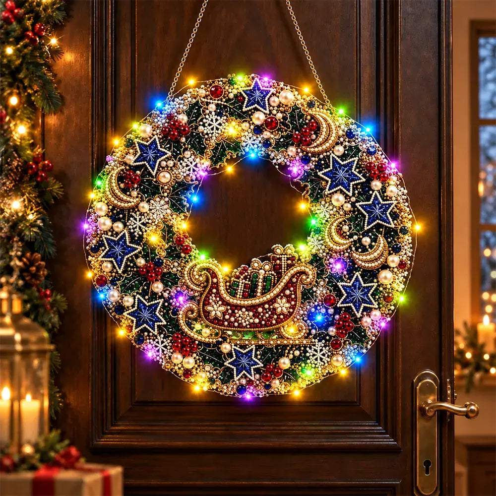 🎄 Božićni vijenac „uradi sam” s dijamantima, biserima i LED lampicama! Izdržljiva akrilna podloga · 9 blagdanskih motiva · Savršen ukras za vrata, zidove i prozore · Poklon od srca!