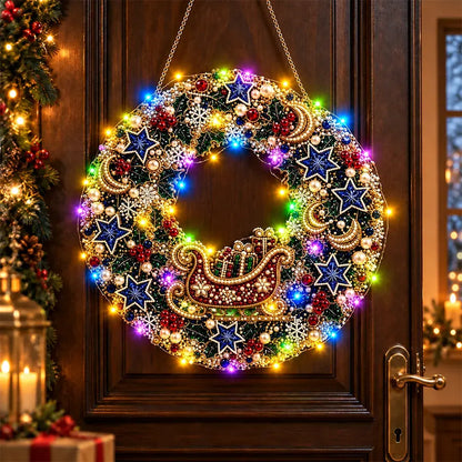 🎄 Božićni vijenac „uradi sam” s dijamantima, biserima i LED lampicama! Izdržljiva akrilna podloga · 9 blagdanskih motiva · Savršen ukras za vrata, zidove i prozore · Poklon od srca!