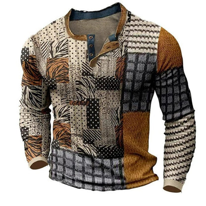 👔【S-4XL】Nova muška Henley košulja dugih rukava – moderna majica s 3D digitalnim printom