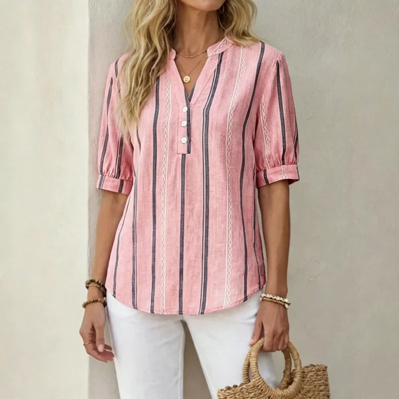 👚 【50% popusta na sezonske ponude】Ljetna prugasta bluza kratkih rukava od pamuka i lana od prozračnog materijala
